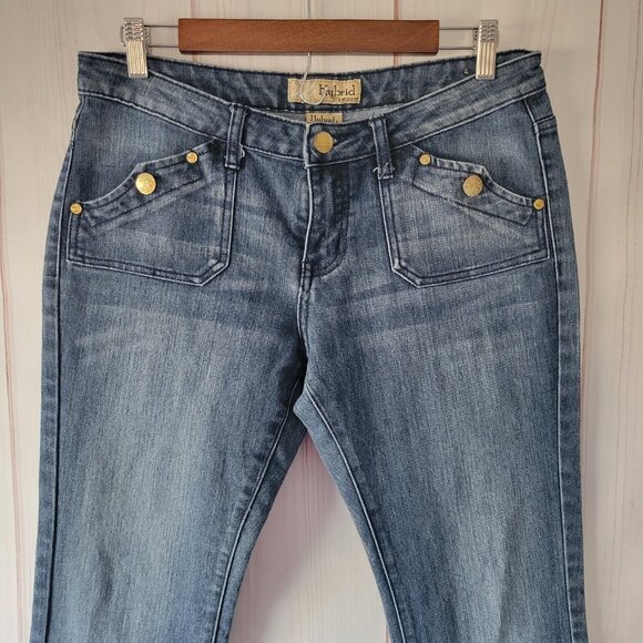 Y2K Hybrid & Company Cotton Denim Flare Jeans, Women’s Sz 11, Button Detail EUC - Picture 3 of 12